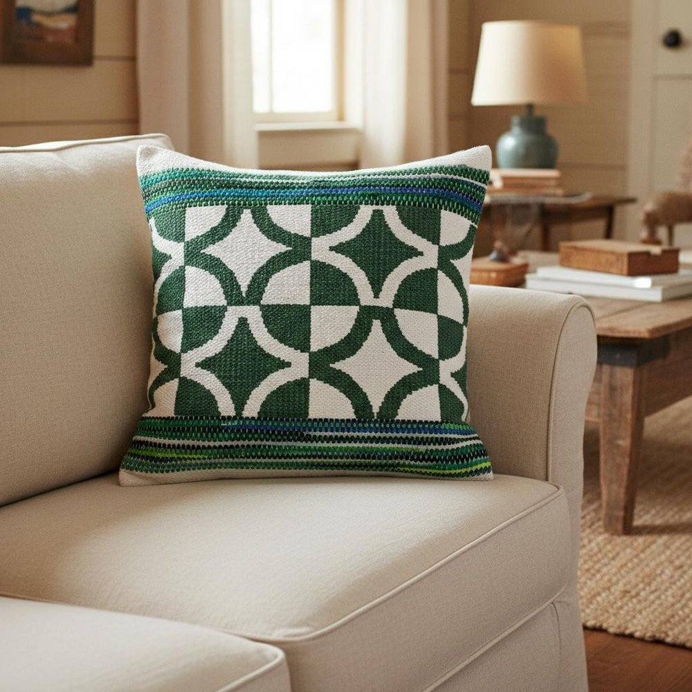 20" Green And Ivory Diamond Cotton Blend Throw Pillow Cover