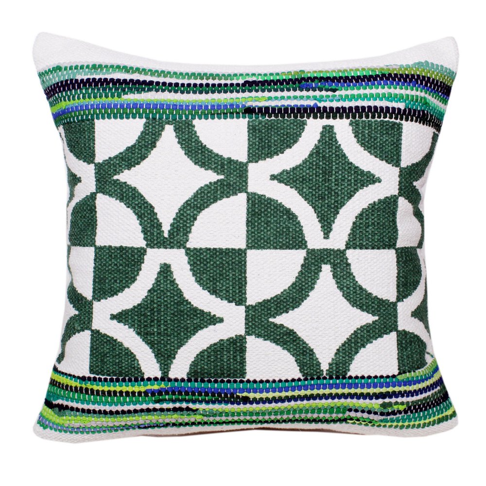 20" Green And White Diamond Cotton Blend Throw Pillow Cover