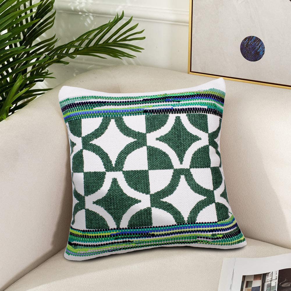 20" Green And White Diamond Cotton Blend Throw Pillow Cover