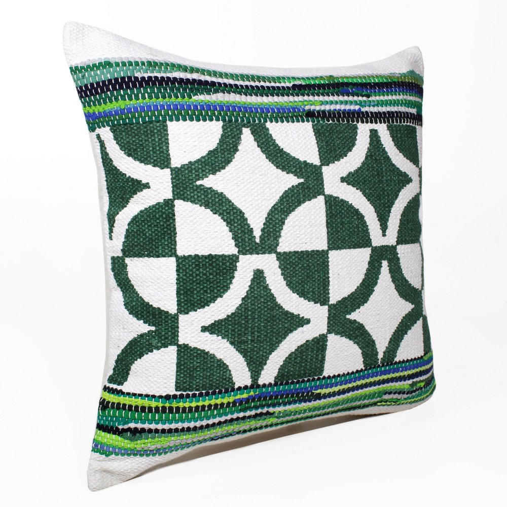 20" Green And White Diamond Cotton Blend Throw Pillow Cover