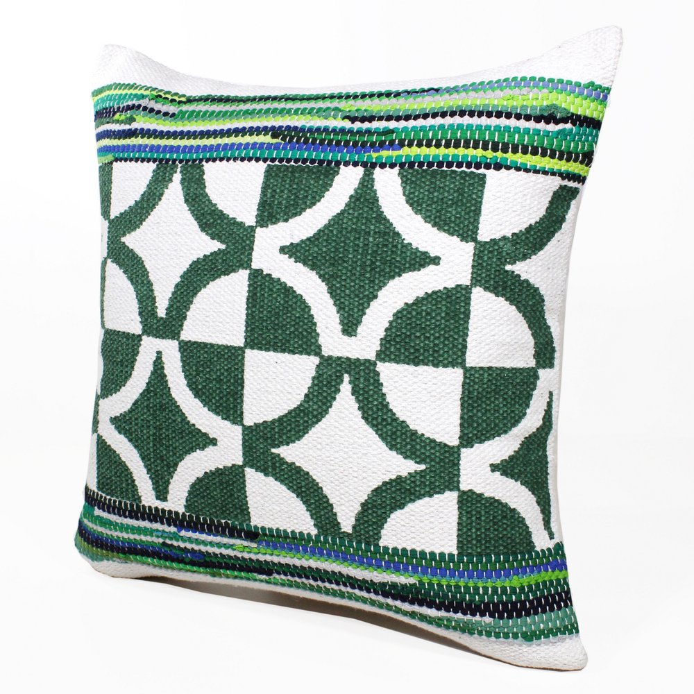 20" Green And White Diamond Cotton Blend Throw Pillow Cover