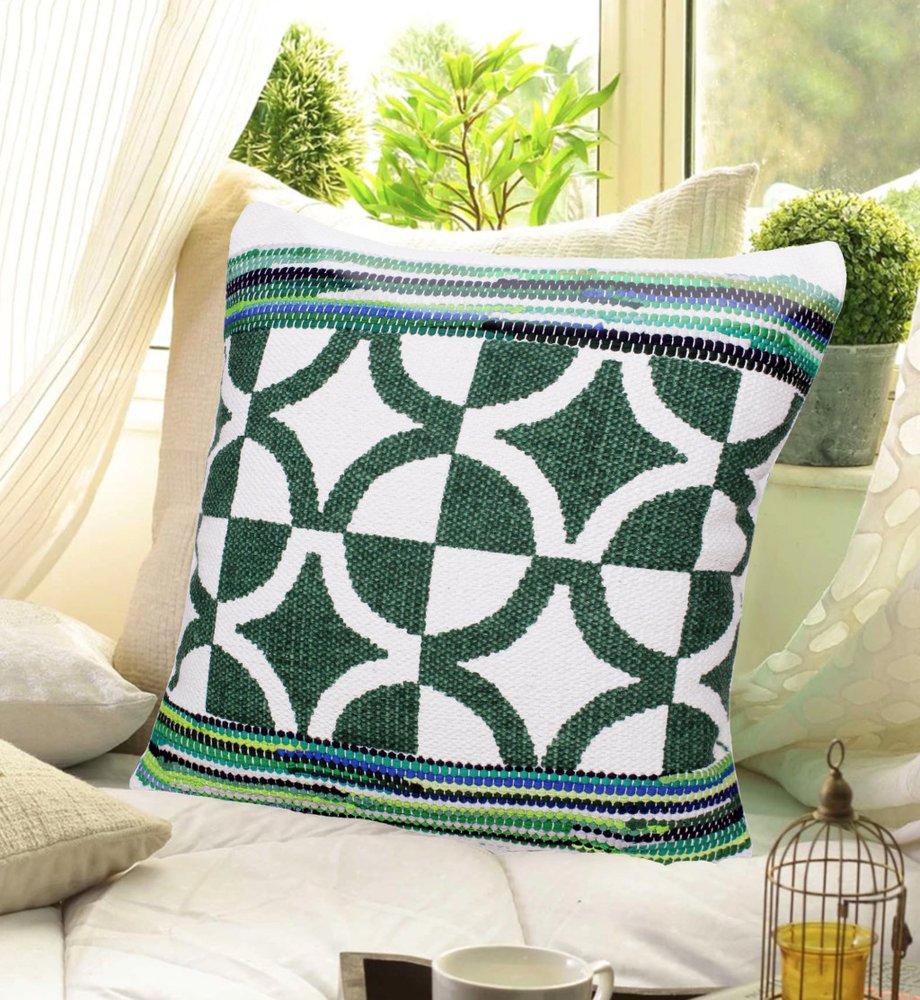 20" Green And White Diamond Cotton Blend Throw Pillow Cover