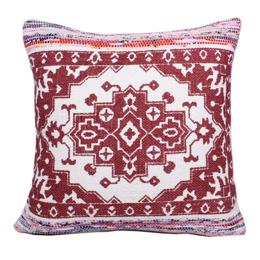20" Red And White Medallion Cotton Blend Throw Pillow Cover