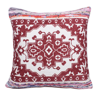 20" Red And White Medallion Cotton Blend Throw Pillow Cover