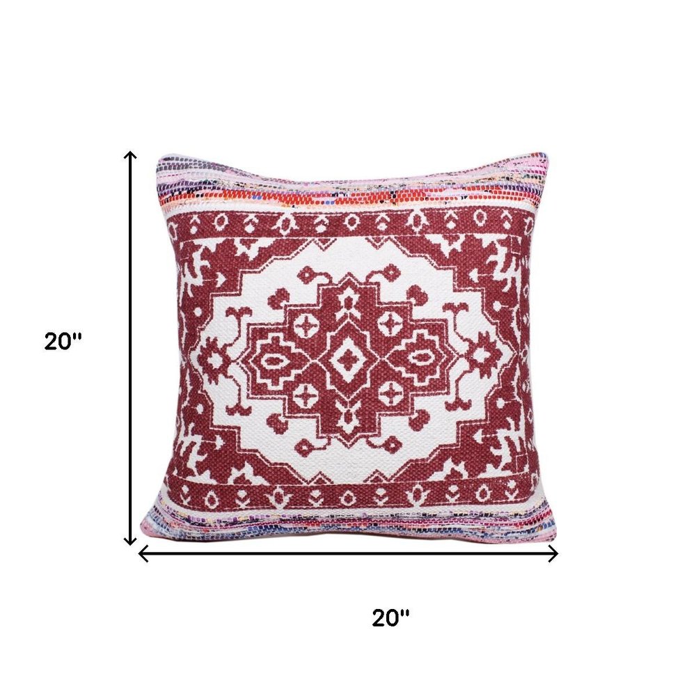 20" Red And Ivory Medallion Cotton Blend Throw Pillow Cover
