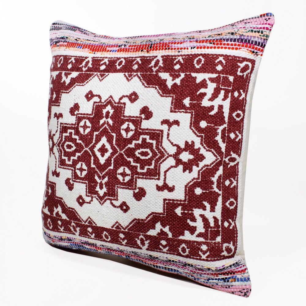 20" Red And Ivory Medallion Cotton Blend Throw Pillow Cover