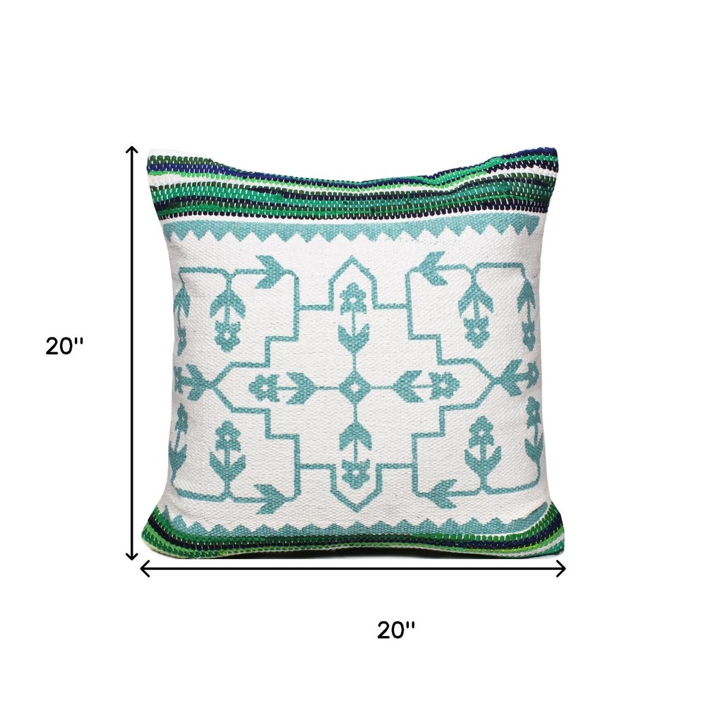 20" Blue And White Floral Cotton Blend Throw Pillow Cover