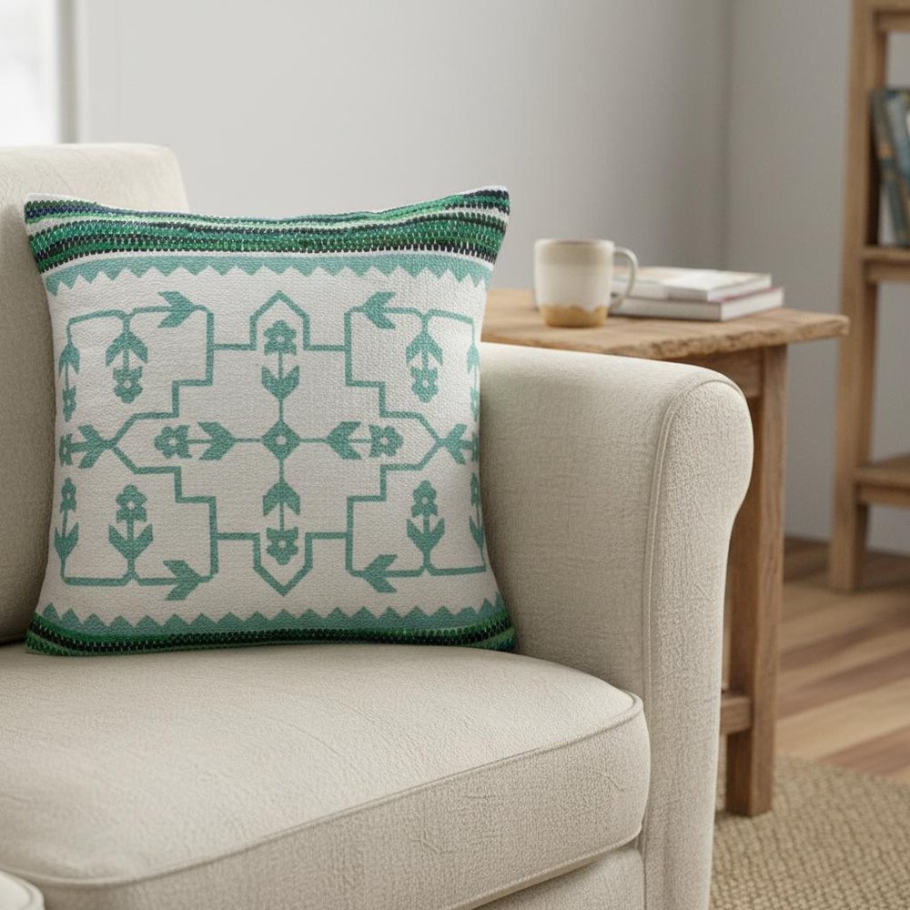 20" Green And Ivory Floral Cotton Blend Throw Pillow Cover