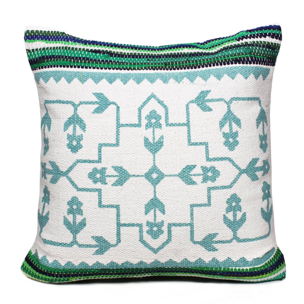 20" Green And Ivory Floral Cotton Blend Throw Pillow Cover