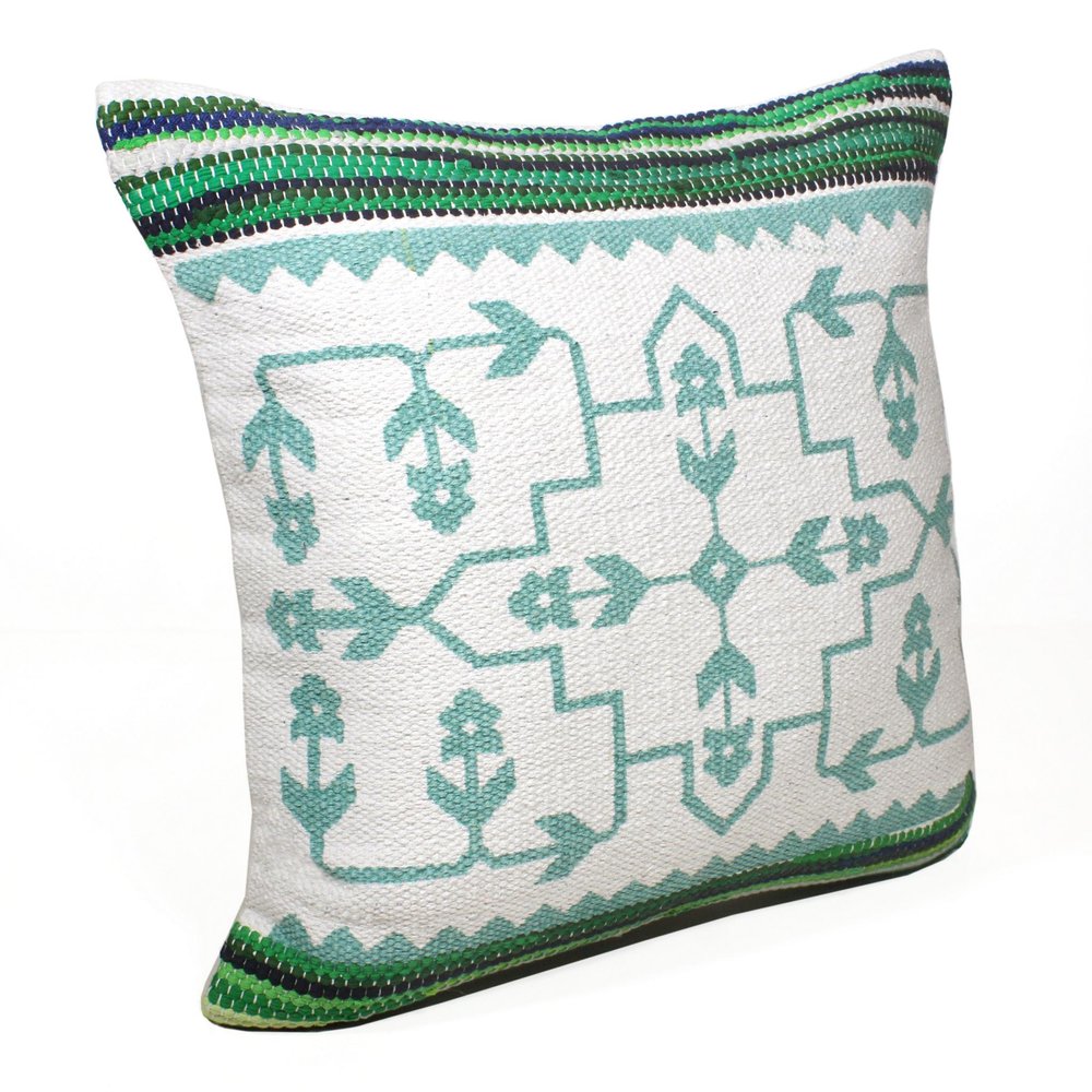 20" Green And Ivory Floral Cotton Blend Throw Pillow Cover
