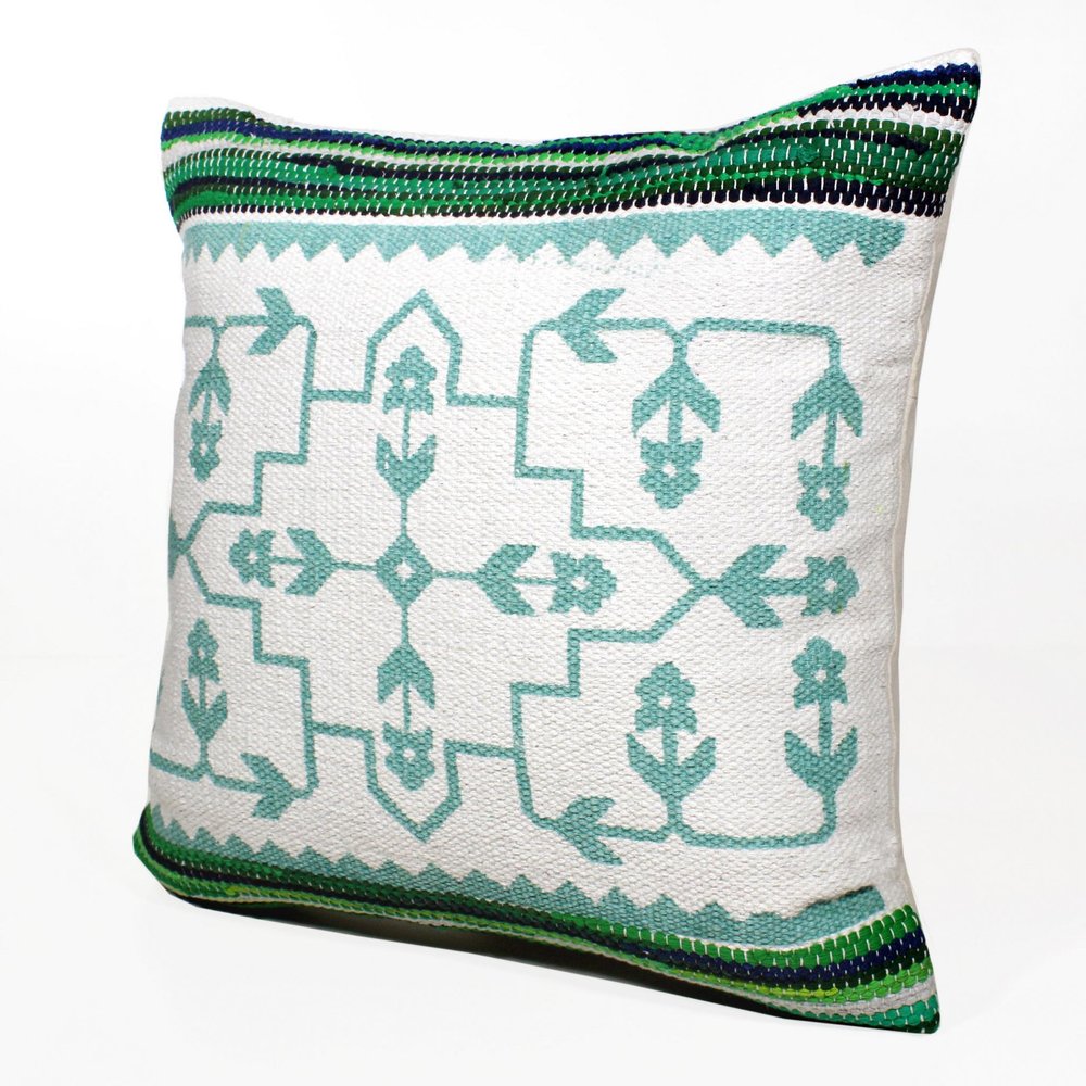 20" Green And Ivory Floral Cotton Blend Throw Pillow Cover