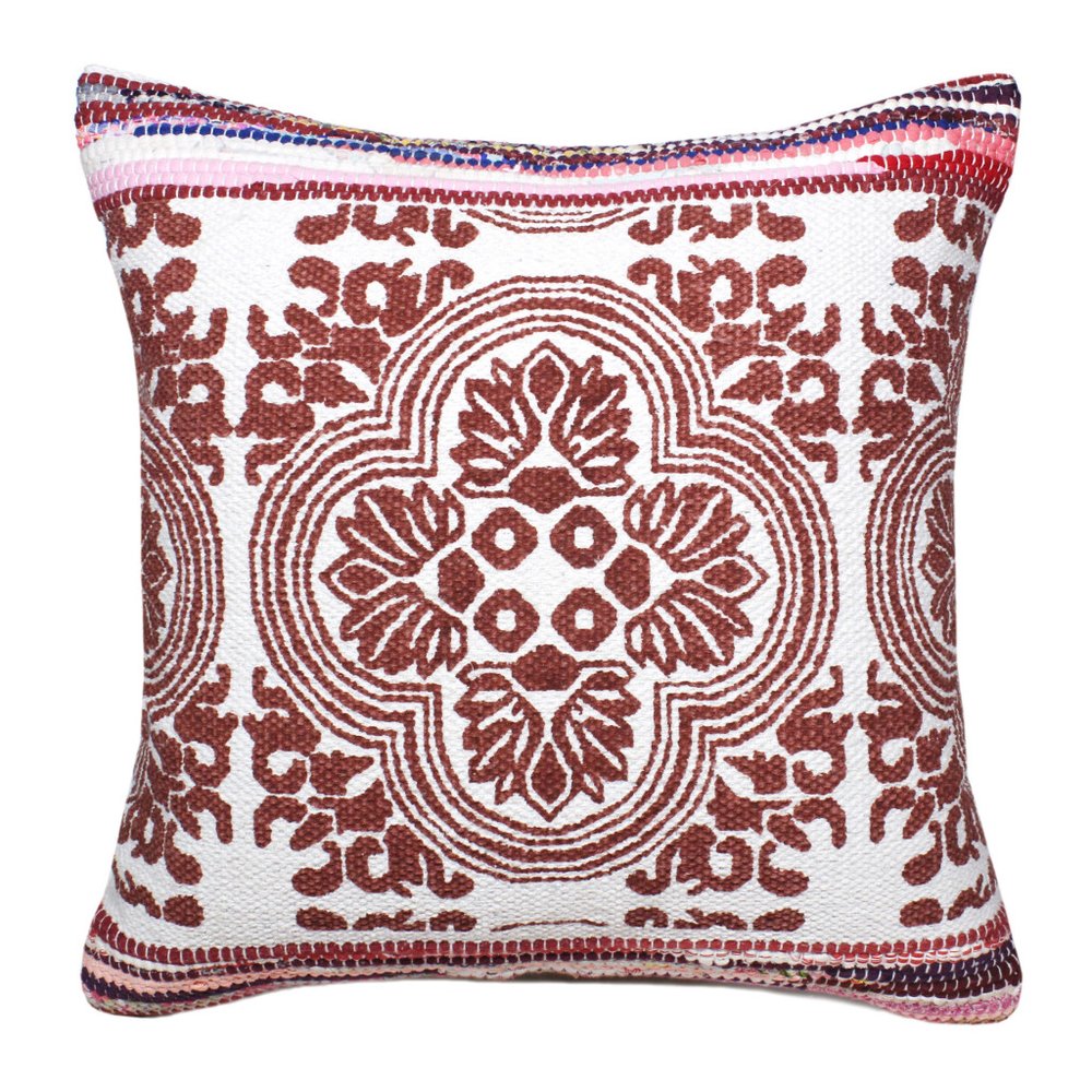 20" Red And White Medallion Cotton Blend Throw Pillow Cover