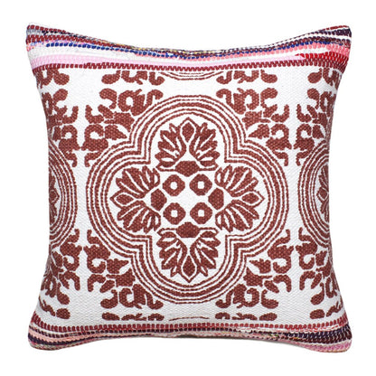 20" Red And White Medallion Cotton Blend Throw Pillow Cover