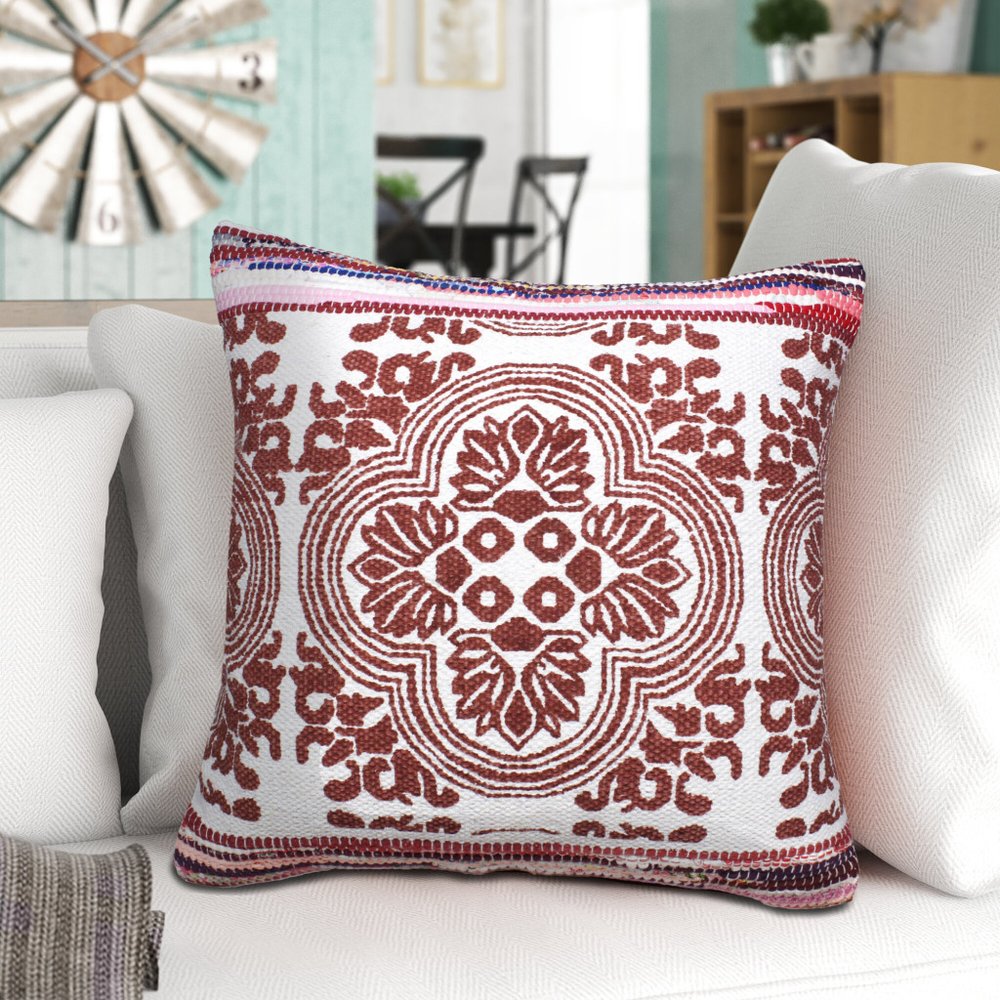 20" Red And White Medallion Cotton Blend Throw Pillow Cover