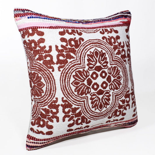 20" Red And White Medallion Cotton Blend Throw Pillow Cover