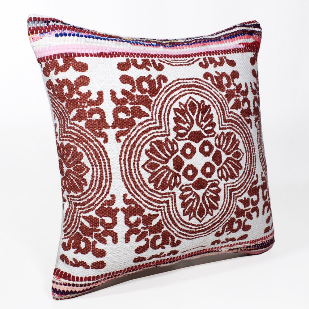 20" Red And White Medallion Cotton Blend Throw Pillow Cover