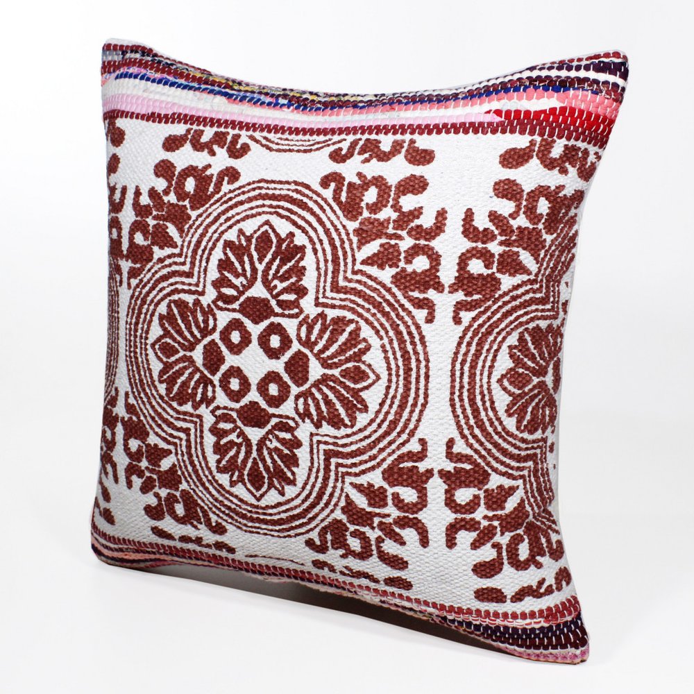20" Red And White Medallion Cotton Blend Throw Pillow Cover