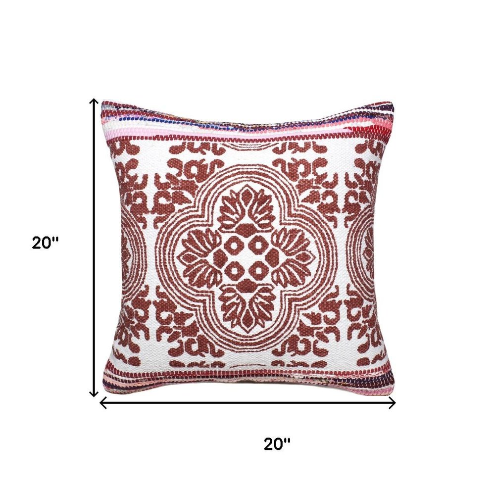 20" Red And White Medallion Cotton Blend Throw Pillow Cover
