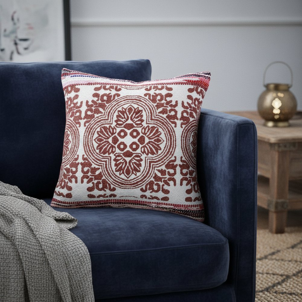20" Red And White Medallion Cotton Blend Throw Pillow Cover