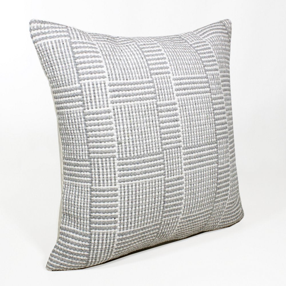 20" Gray And White Plaid Cotton Blend Throw Pillow Cover