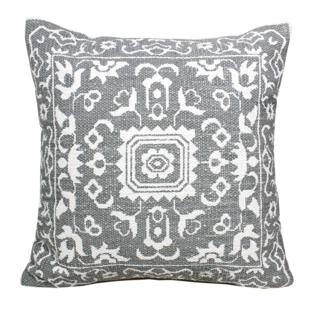 20" Gray And White Medallion Cotton Blend Throw Pillow Cover