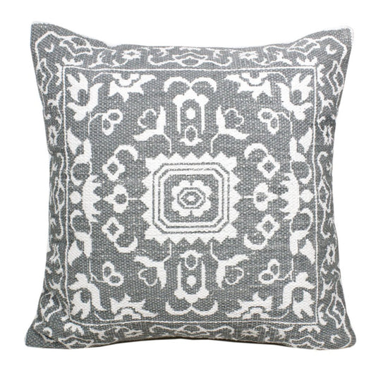 20" Gray And White Medallion Cotton Blend Throw Pillow Cover