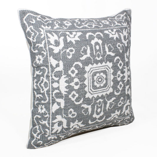 20" Gray And White Medallion Cotton Blend Throw Pillow Cover