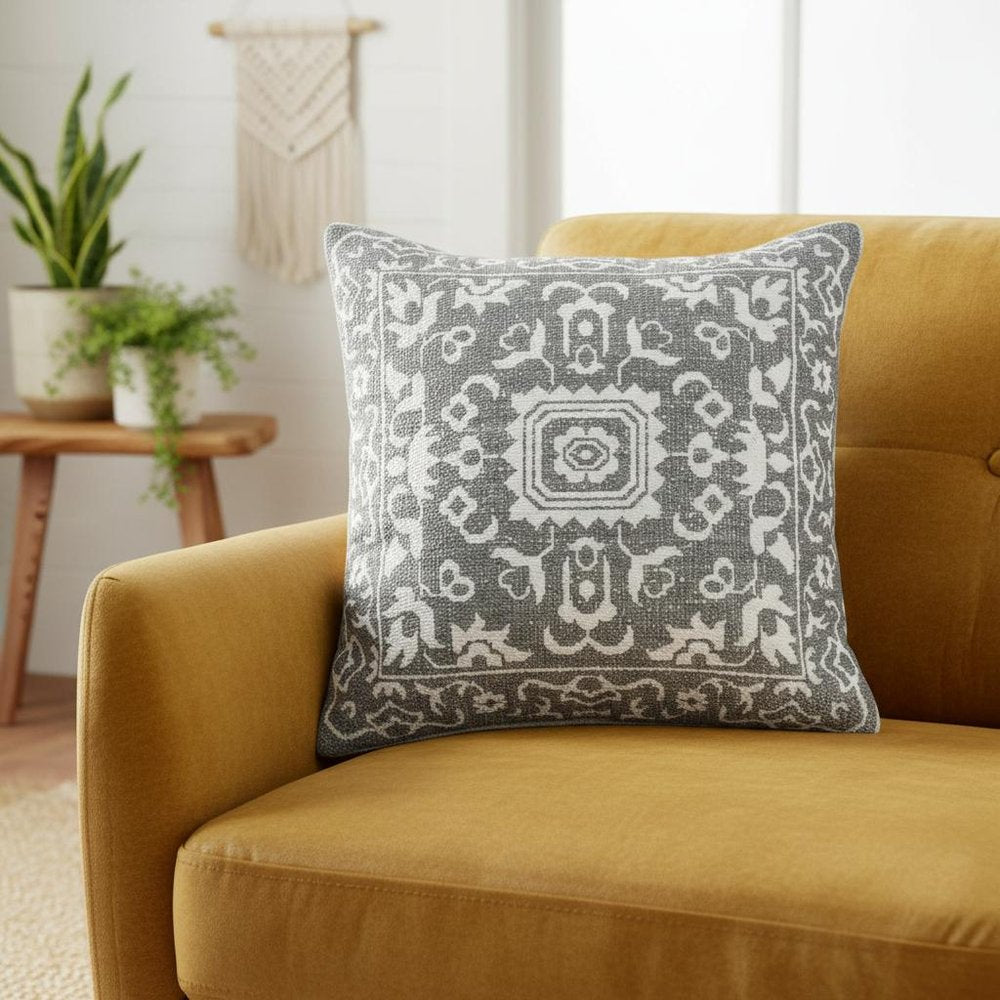 20" Gray And White Medallion Cotton Blend Throw Pillow Cover