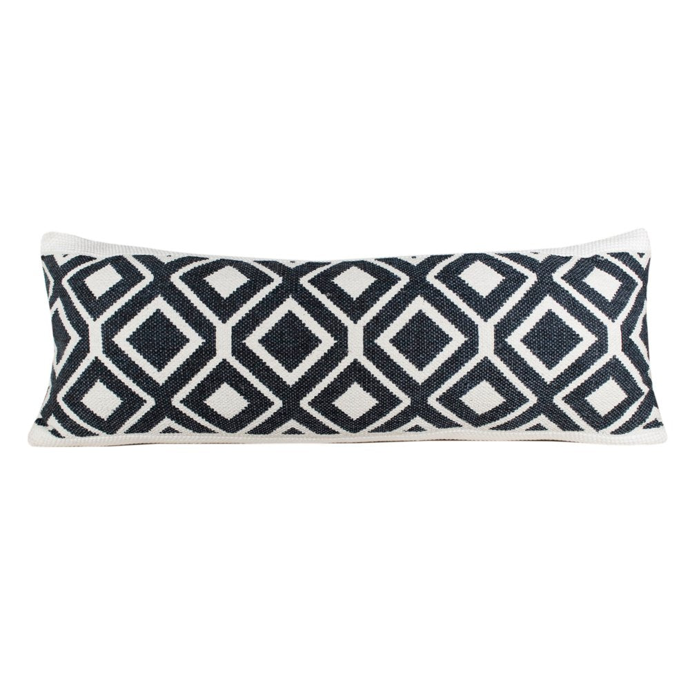 14" X 36" Ivory And Blue Lumbar Diamond Cotton Blend Throw Pillow Cover