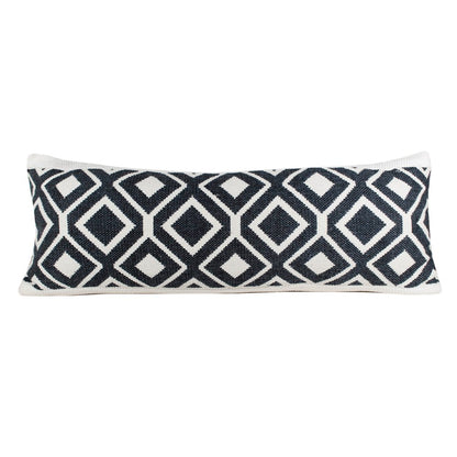 14" X 36" Ivory And Blue Lumbar Diamond Cotton Blend Throw Pillow Cover