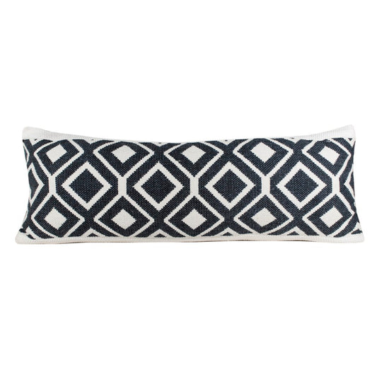 14" X 36" Ivory And Blue Lumbar Diamond Cotton Blend Throw Pillow Cover