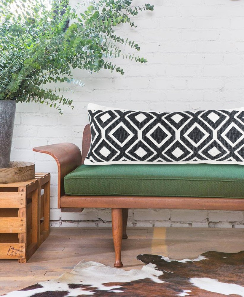 14" X 36" Black And White Lumbar Diamond Cotton Blend Throw Pillow Cover