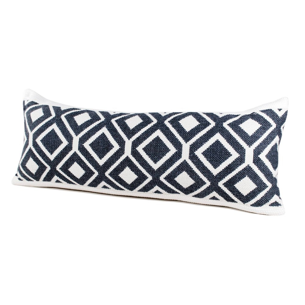 14" X 36" Ivory And Blue Lumbar Diamond Cotton Blend Throw Pillow Cover