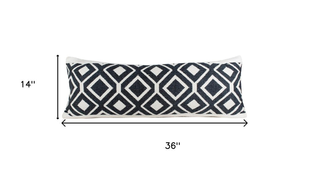 14" X 36" Ivory And Blue Lumbar Diamond Cotton Blend Throw Pillow Cover