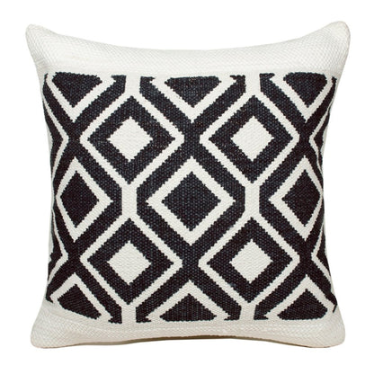 20" Ivory And Blue Diamond Cotton Blend Throw Pillow Cover