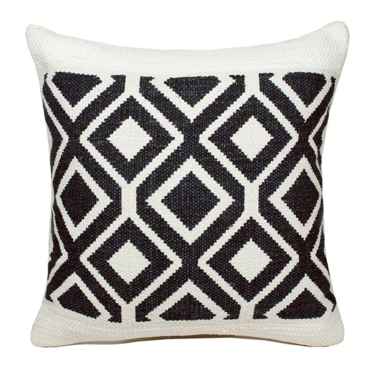 20" Ivory And Blue Diamond Cotton Blend Throw Pillow Cover