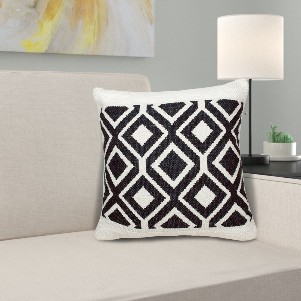 20" Black And White Diamond Cotton Blend Throw Pillow Cover