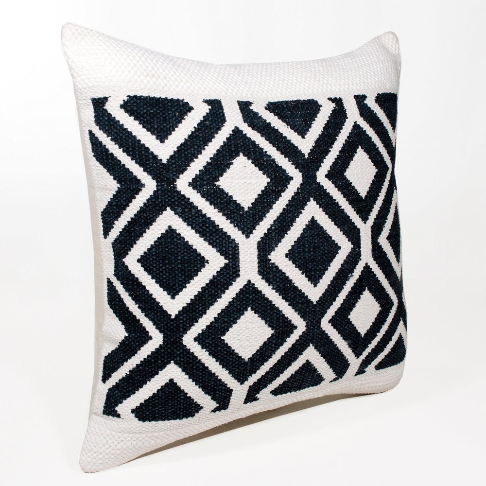 20" Ivory And Blue Diamond Cotton Blend Throw Pillow Cover