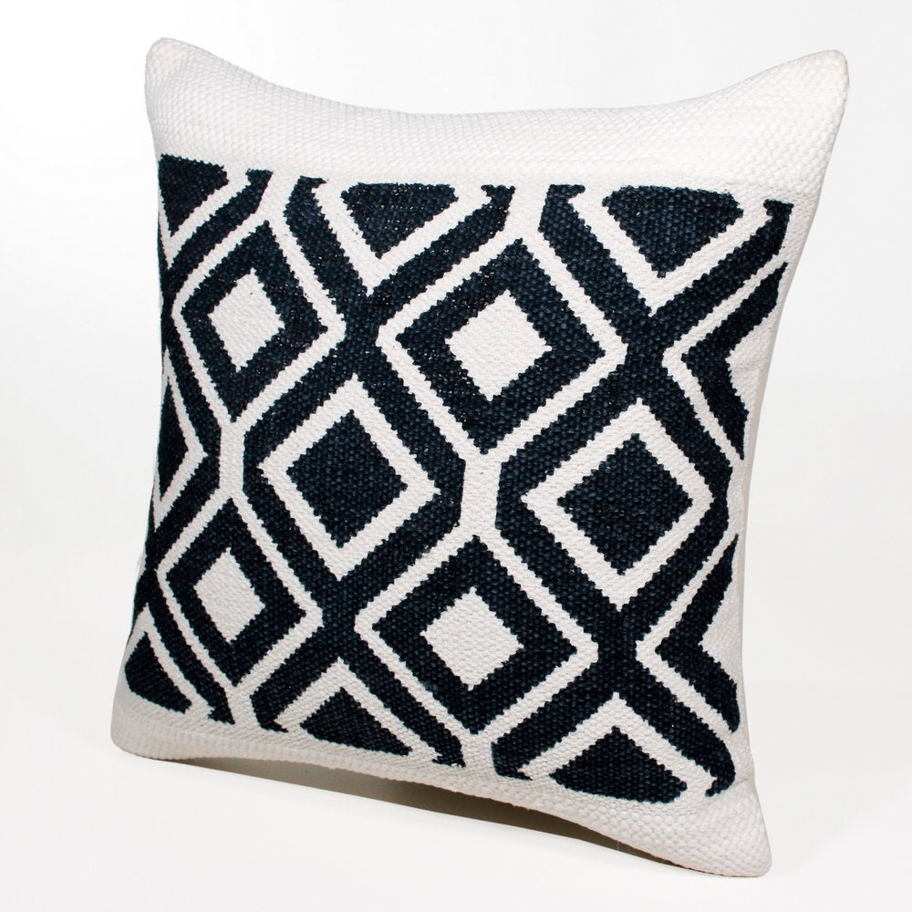 20" Ivory And Blue Diamond Cotton Blend Throw Pillow Cover