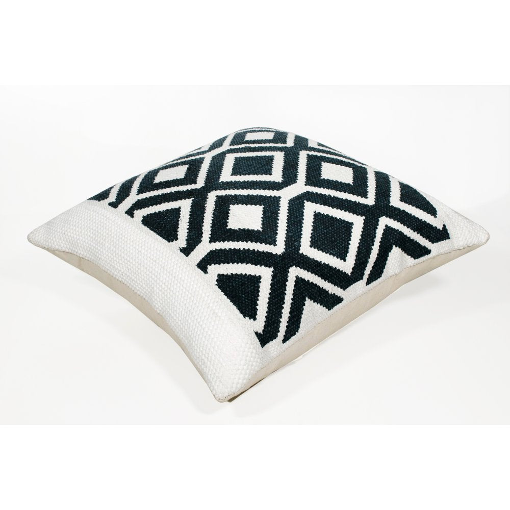 20" Ivory And Blue Diamond Cotton Blend Throw Pillow Cover