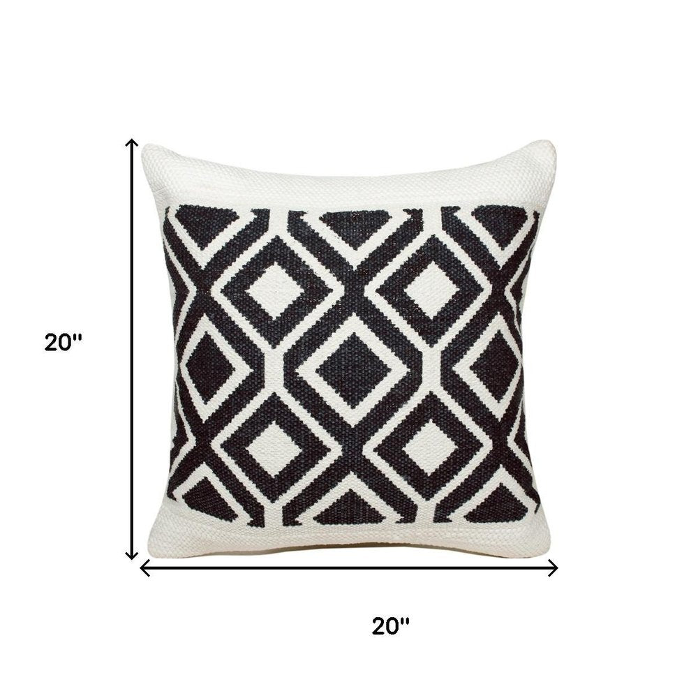 20" Ivory And Blue Diamond Cotton Blend Throw Pillow Cover