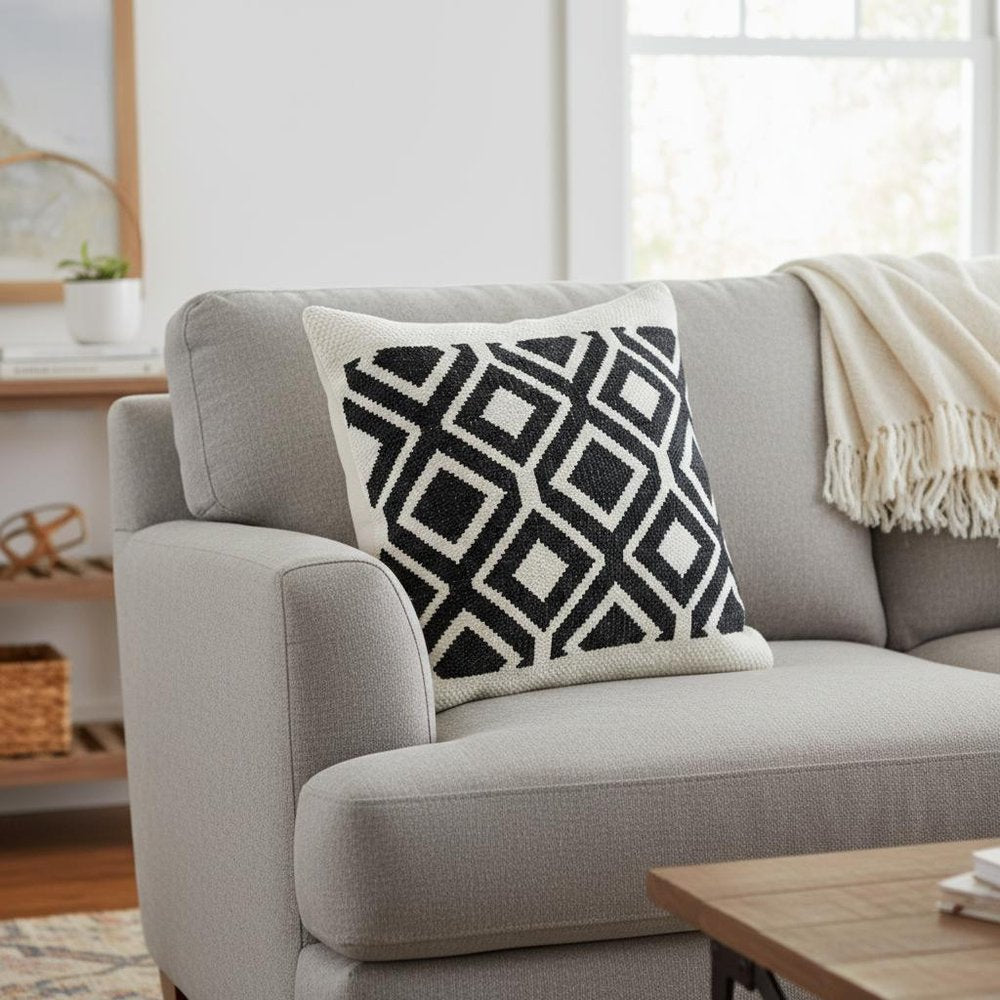 20" Ivory And Blue Diamond Cotton Blend Throw Pillow Cover