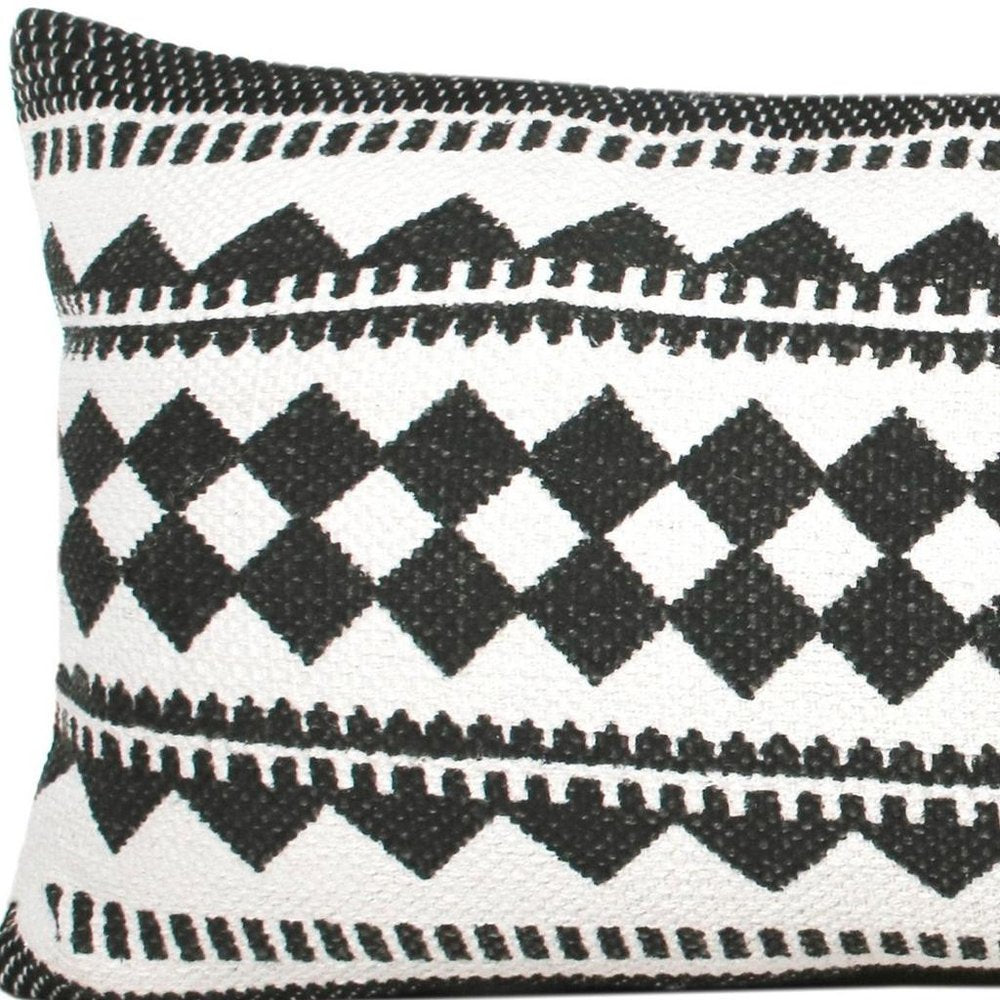 14" X 36" Black And Ivory Lumbar Geometric Cotton Blend Throw Pillow Cover