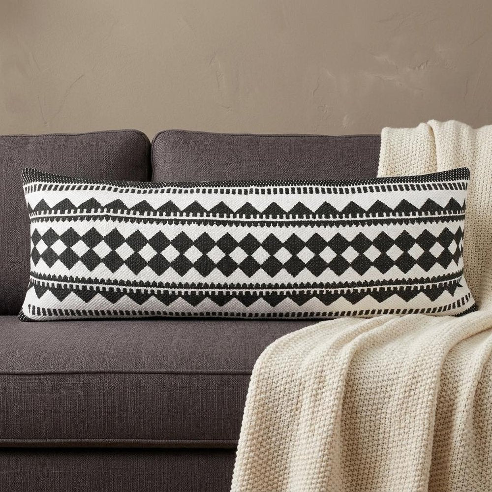 14" X 36" Black And Ivory Lumbar Geometric Cotton Blend Throw Pillow Cover