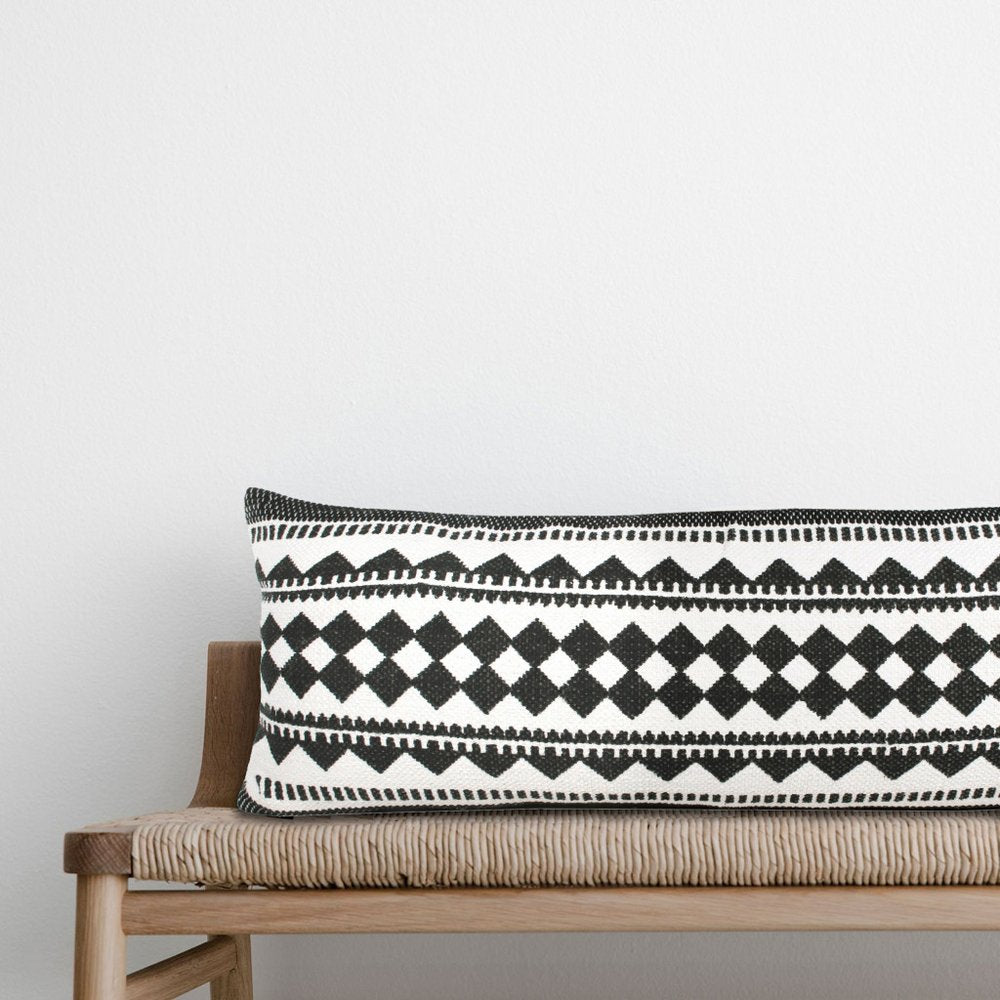14" X 36" Black And Ivory Lumbar Geometric Cotton Blend Throw Pillow Cover