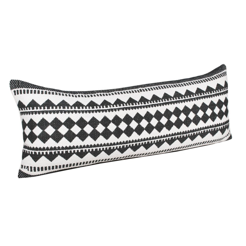 14" X 36" Black And Ivory Lumbar Geometric Cotton Blend Throw Pillow Cover