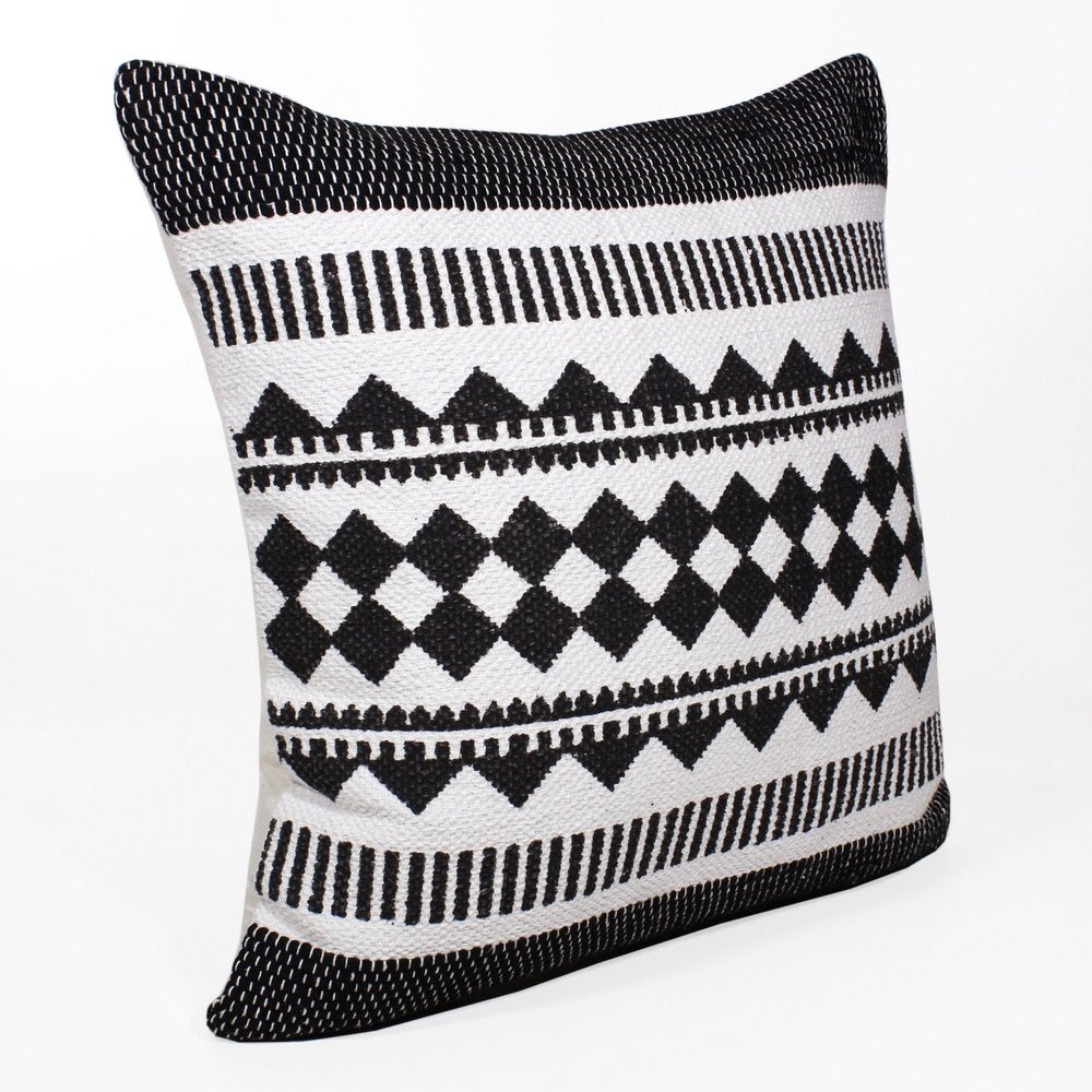 20" Black And White Geometric Cotton Blend Throw Pillow Cover