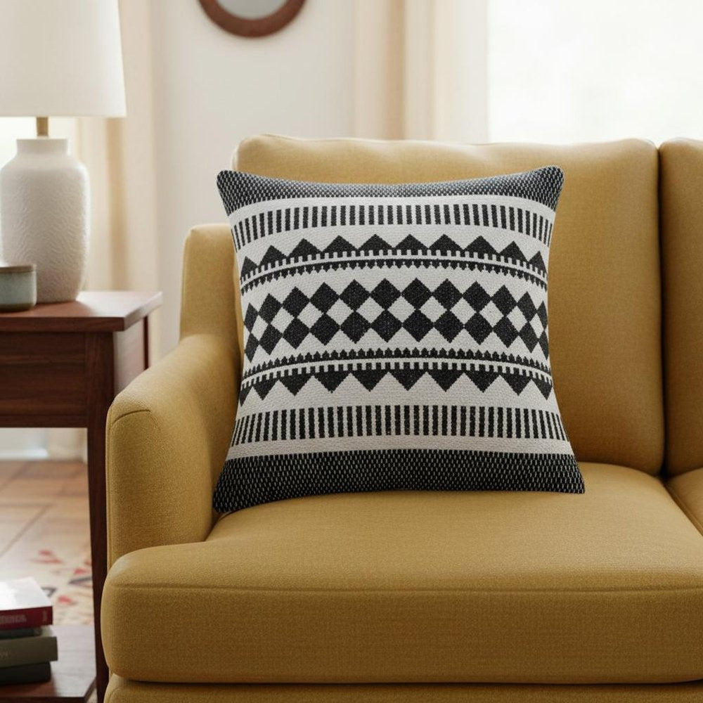 20" Black And Ivory Geometric Cotton Blend Throw Pillow Cover
