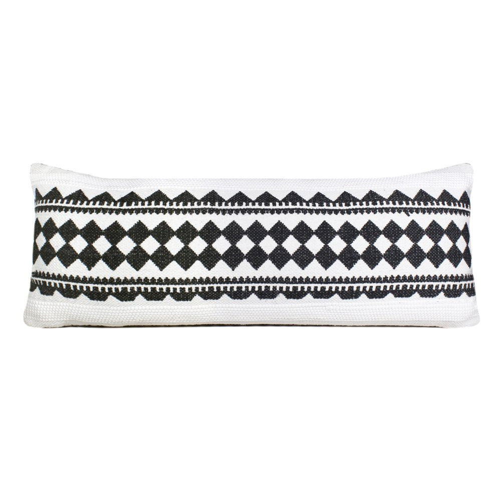 14" X 36" Black And Ivory Lumbar Geometric Cotton Blend Throw Pillow Cover