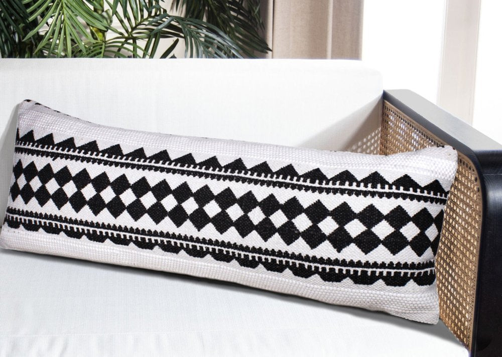 14" X 36" Black And White Lumbar Geometric Cotton Blend Throw Pillow Cover
